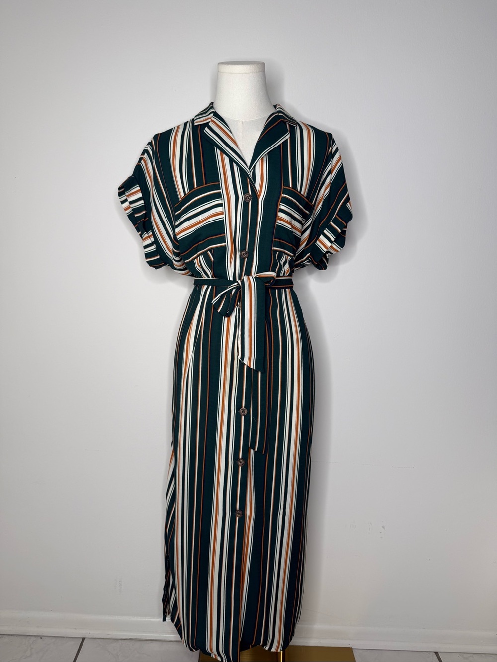 Dreamers Striped Button-Front Maxi Dress in Forest Green, White & Tan